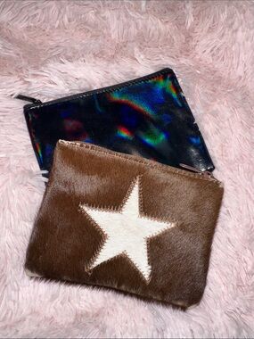 Lot of 2- cow hide Star Pouch and Iridescent Black Zip Wallet
